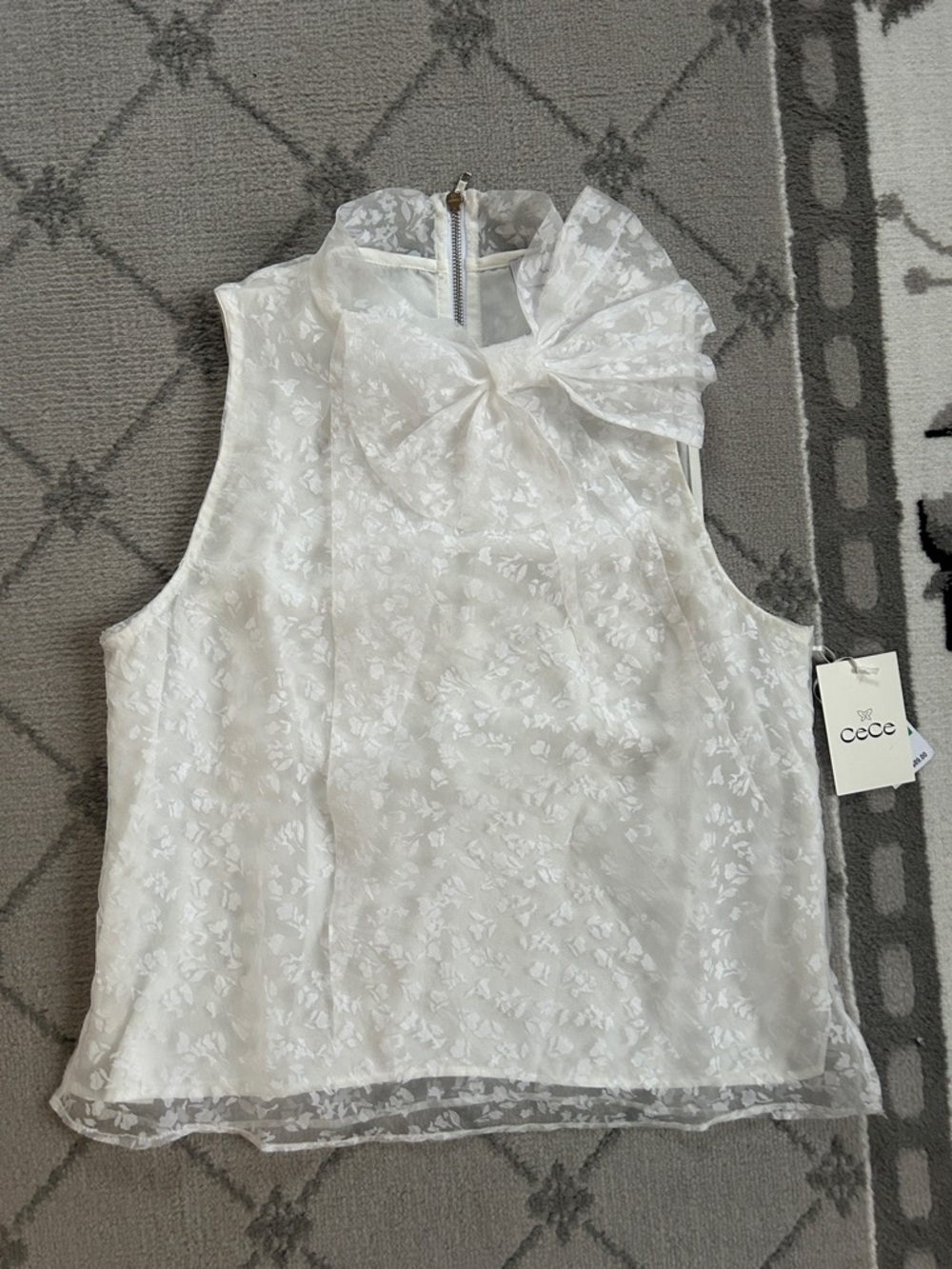 CeCe White Floral Sheer Lace Bow Neck Sleeveless Blouse